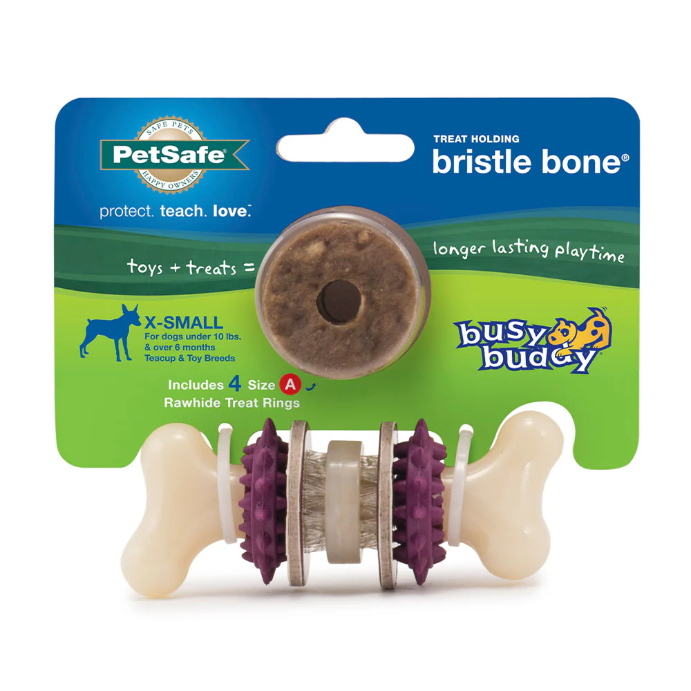 PetSafe Busy Buddy Bristle Bone Dog Toy - Treat-Holding Toy for Small Dogs - Treat Rings Included - Rigorously Tested Ingredients - Purple, Extra Small (BB-BRI-BN-XS) - Image 2