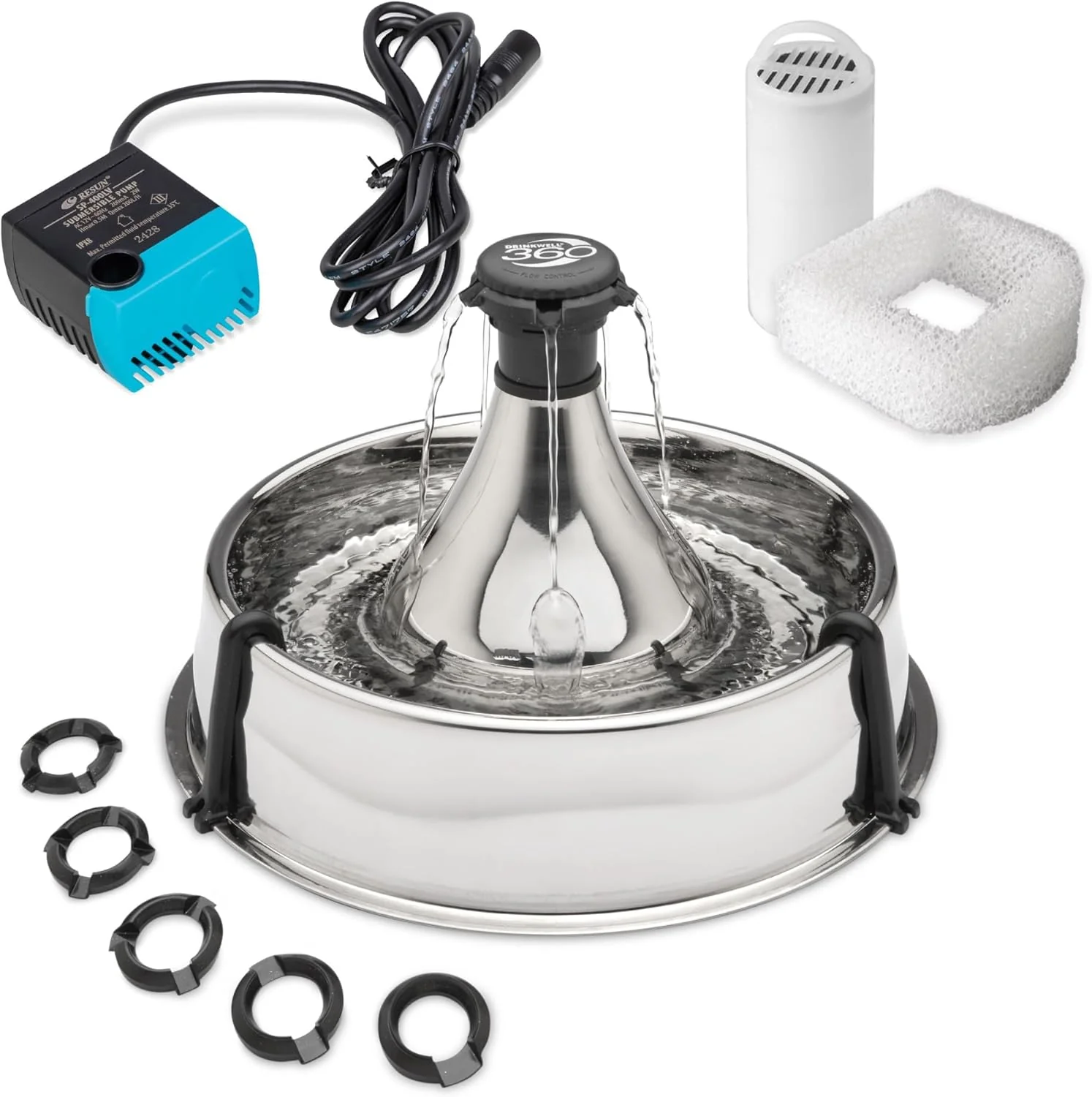 PetSafe Drinkwell Stainless Steel 360 Multiple Pet Fountain - Scratch and Rust Resistant Automatic Water Dispenser for Cats or Dogs - Adjustable Flow Control - 128 Ounce (3.8 Liter) - Filters Included - Image 6