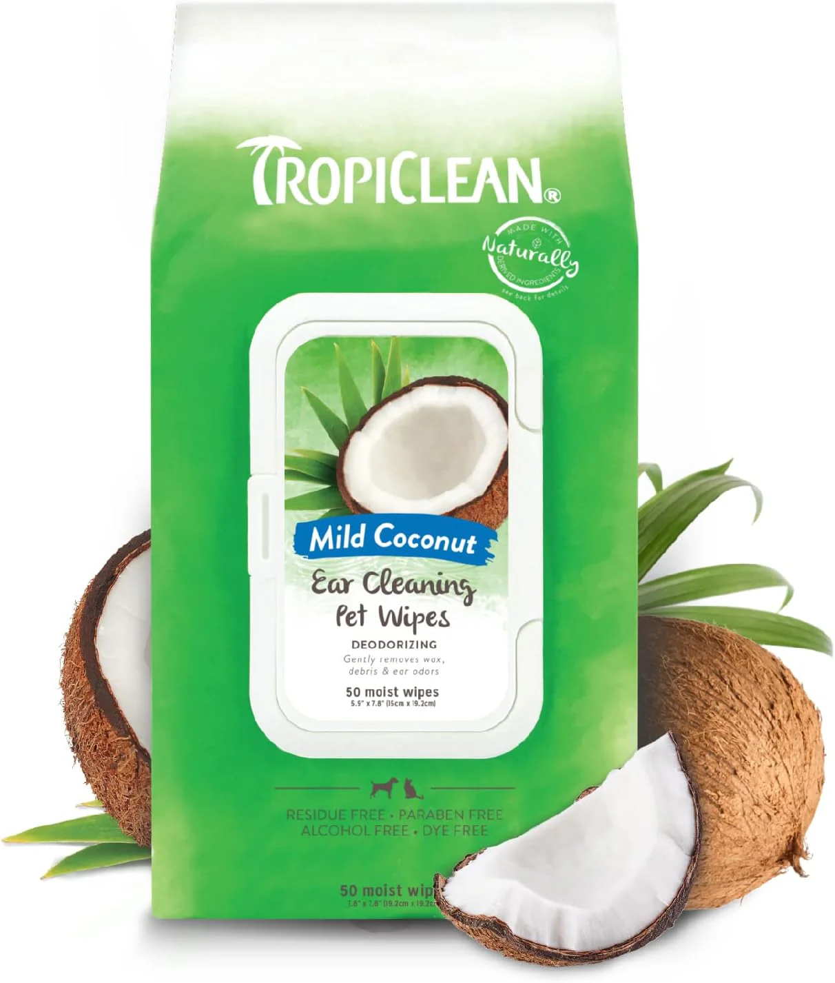 TropiClean Dog Ear Wipes, Dog Ear Cleaner, Soothing Itch Relief, Gently Removes Wax and Debris, Odor Eliminating, Safe for Daily Use, Cat Safe 50 ct