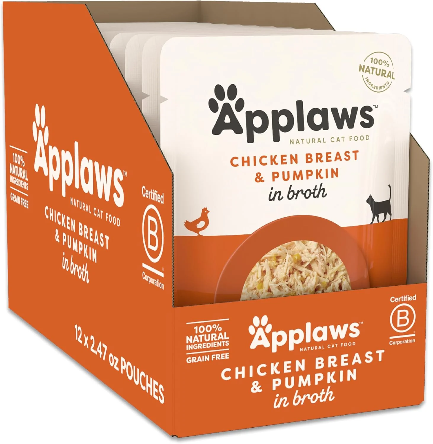 Applaws Natural Wet Cat Food, 12 Count, Limited Ingredient Wet Cat Food Pouches, Chicken Breast with Pumpkin in Broth