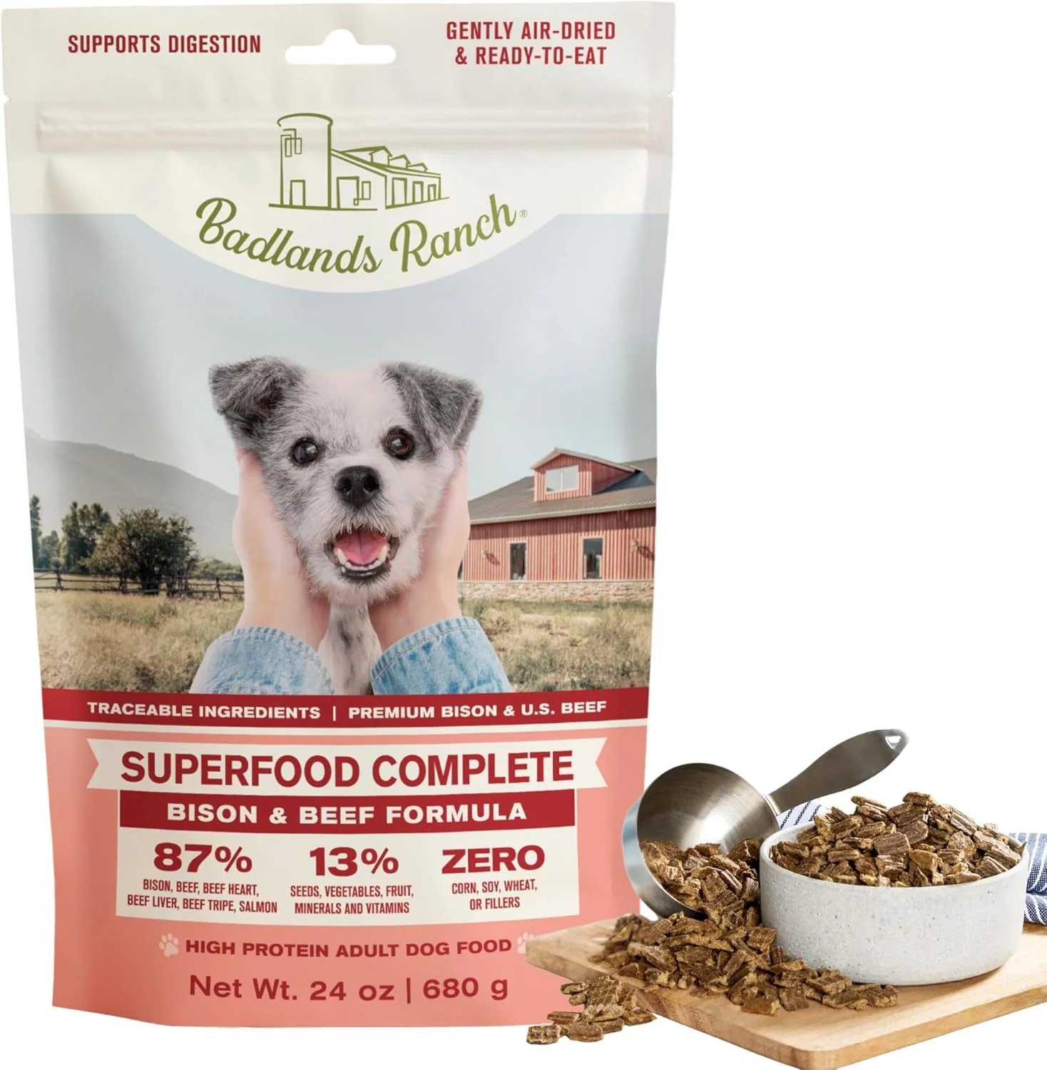 BADLANDS RANCH - Superfood Complete, Air-Dried Adult Dog Food - High Protein, Zero Fillers, Superfood Nutrition by Katherine Heigl (11.5 oz, Beef & Bison Formula)