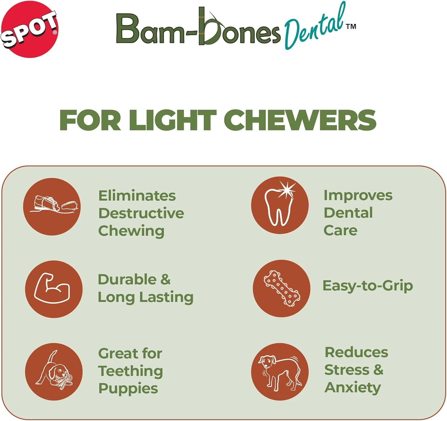 SPOT Bam-Bones Dental Bone - Made with Bamboo Fiber and a Massaging Rubber Center, Durable Oral Care Dog Chew for Light Chewers & Teething Puppies Under 25lbs, Allergen Free Peanut Butter Flavor - Image 3