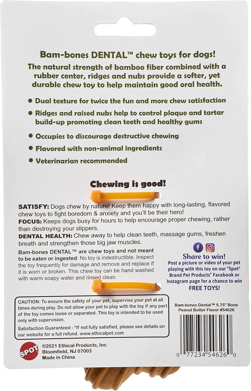 SPOT Bam-Bones Dental Bone - Made with Bamboo Fiber and a Massaging Rubber Center, Durable Oral Care Dog Chew for Light Chewers & Teething Puppies Under 25lbs, Allergen Free Peanut Butter Flavor - Image 4