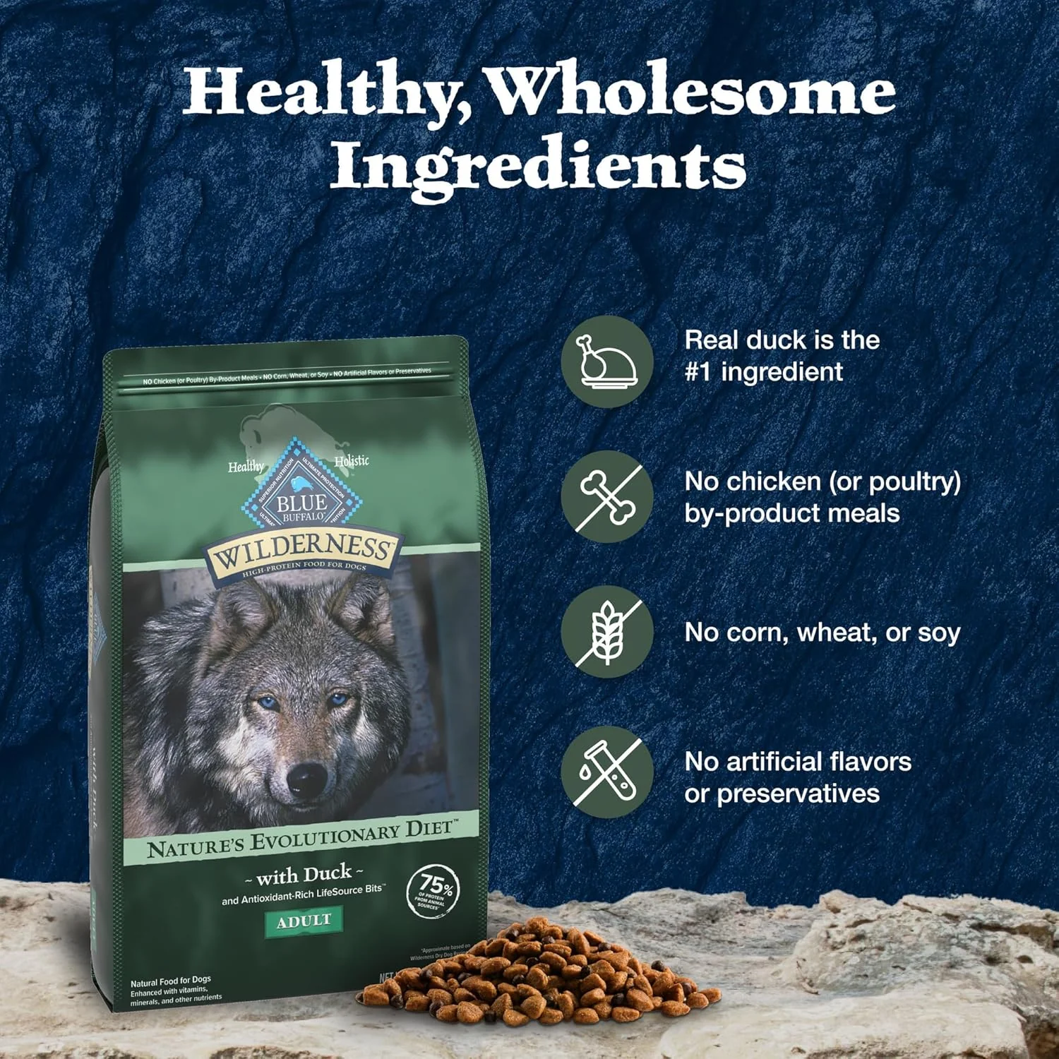 Blue Buffalo Wilderness Natural High-Protein Dry Food for Adult Dogs, with Wholesome Grains, Duck - Image 2