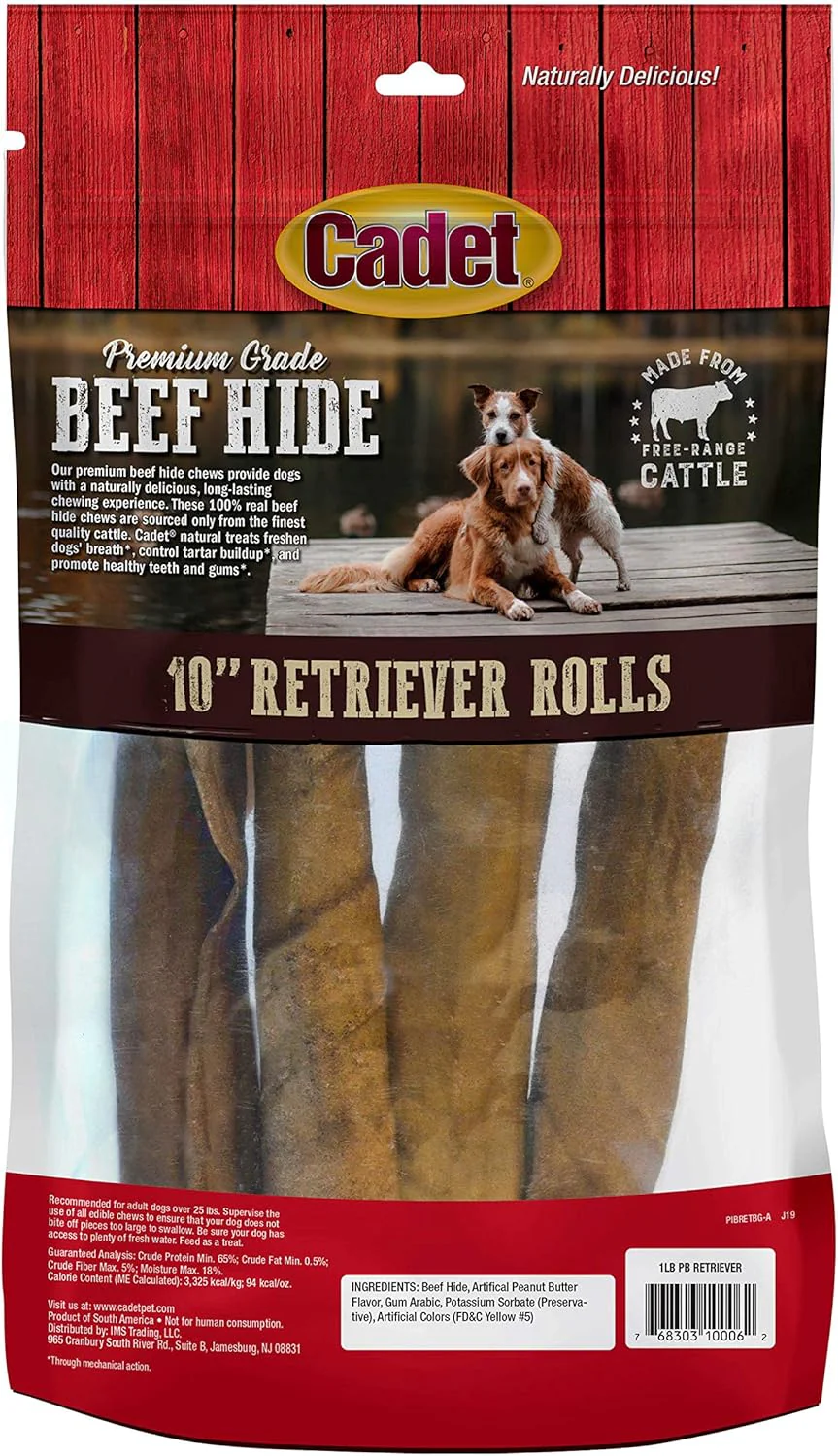 Cadet Premium Grade Beef Hide for Dogs, Long Lasting Rawhide Retriever Rolls, Single Ingredient Dog Chews, Peanut Butter Flavor, 10 Inch - Image 9