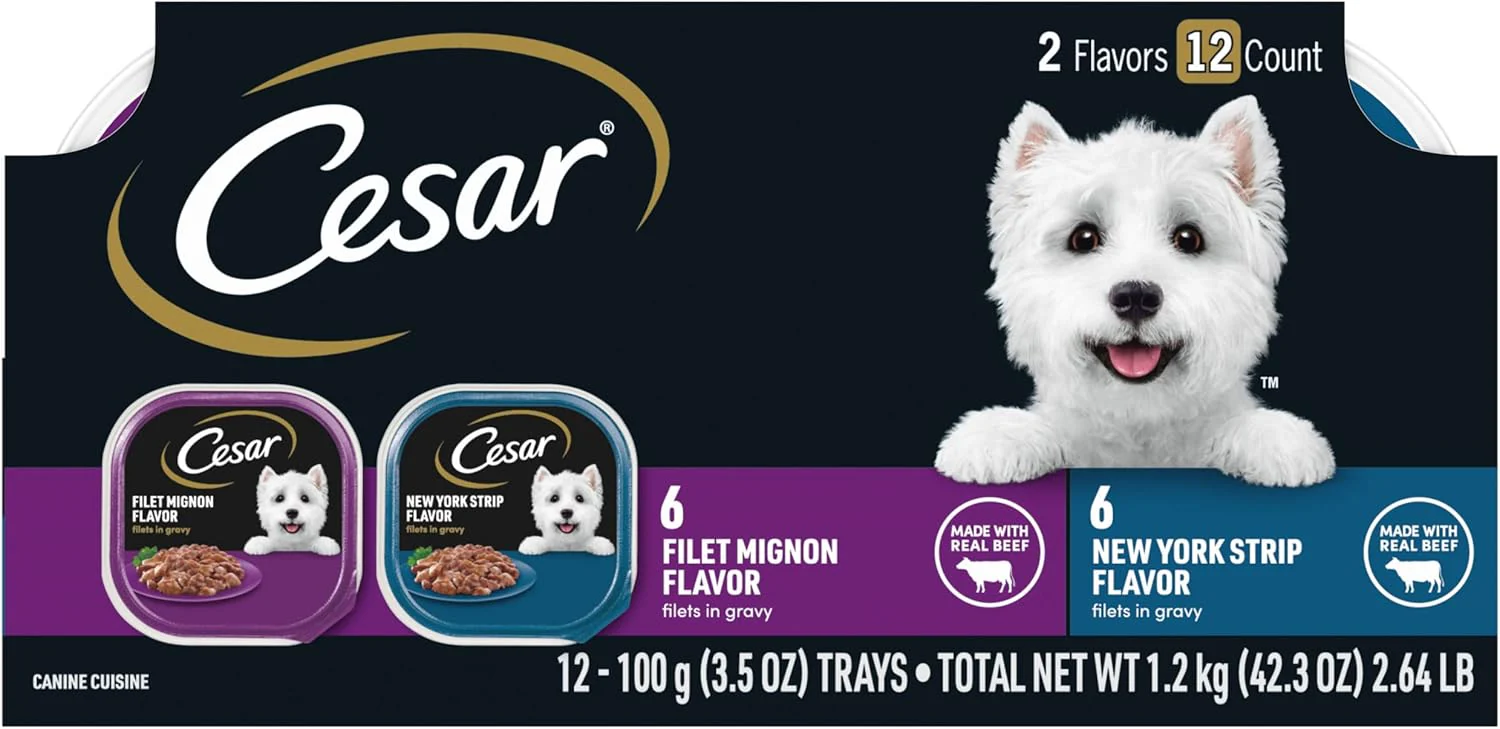 Cesar Wet Dog Food Classic Loaf in Sauce Filet Mignon and Porterhouse Steak Flavors Variety Pack, 3.5 oz. Easy Peel Trays (12 Count, Pack of 1)