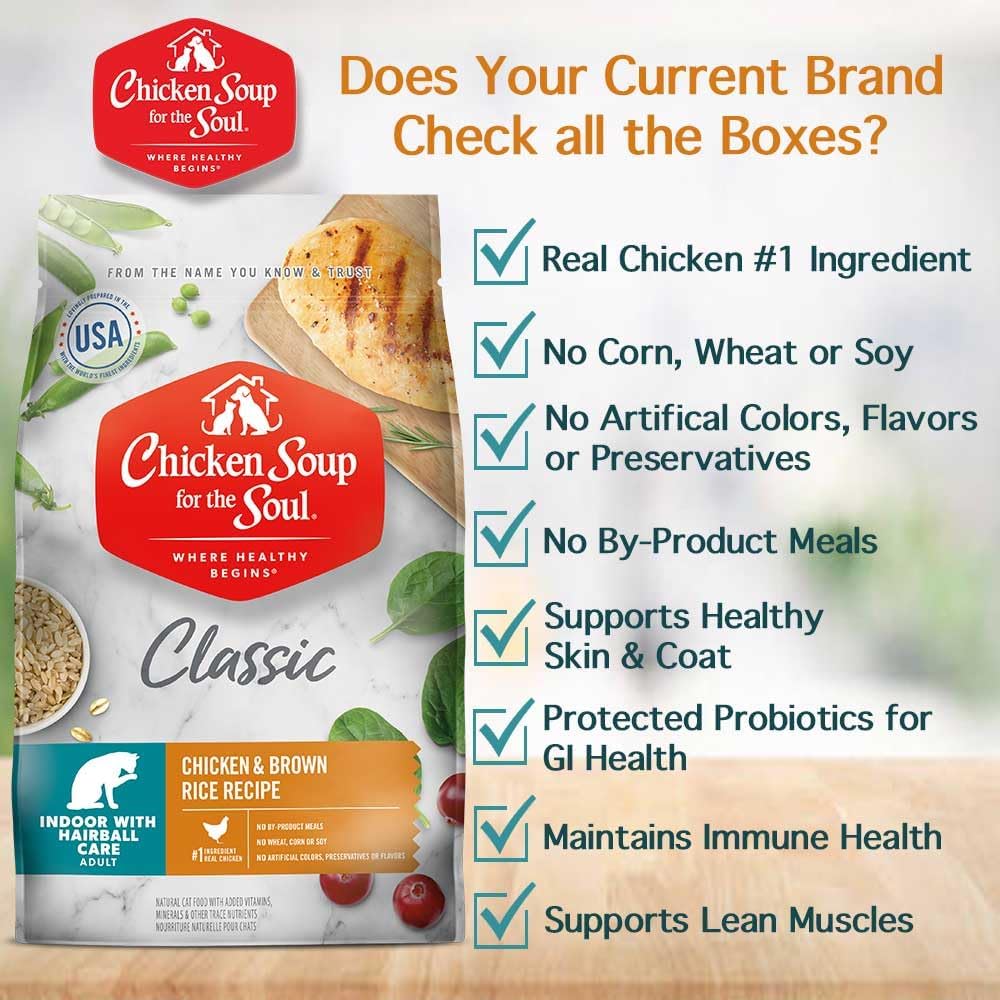 Chicken Soup for The Soul All Natural Premium Indoor w/Hairball Care Adult Dry Cat Food, Real Meat First Ingredient, No by-Products, Supports Intestinal Health, Chicken & Brown Rice - Image 7