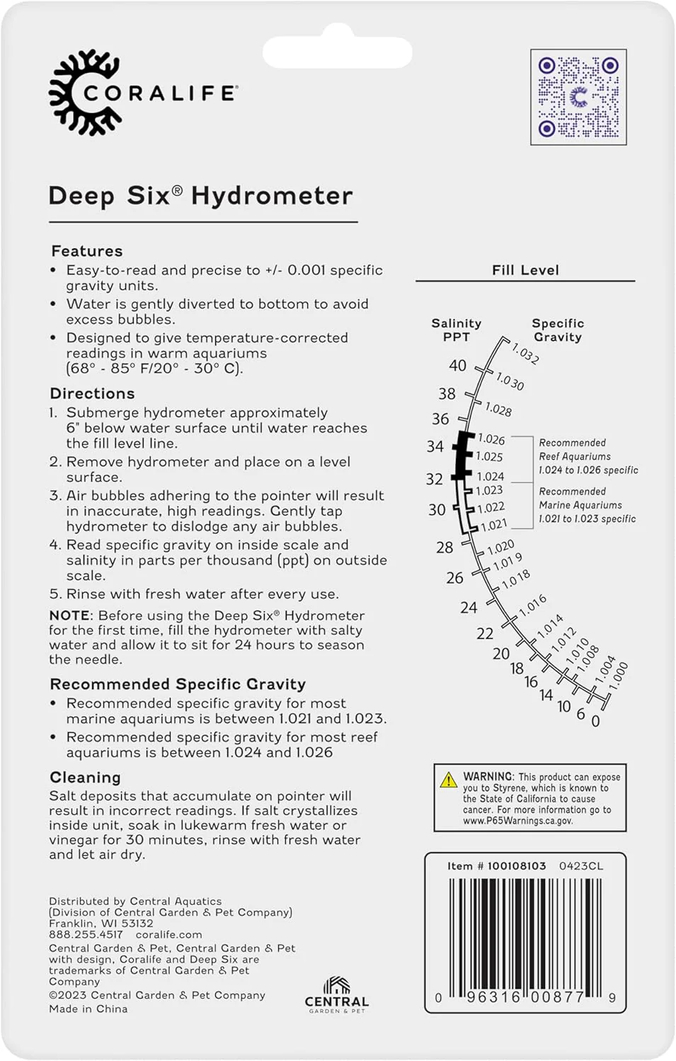Coralife Aquarium Fish Tank Deep Six Hydrometer For Measuring Water Salinity PPT and Specific Gravity - Image 2