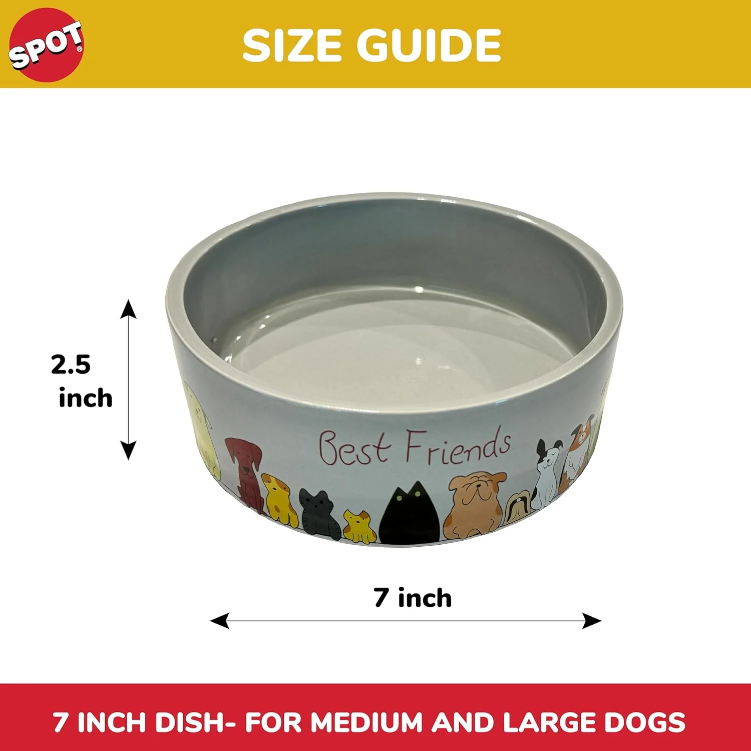 SPOT Best Friends Pet Food Dish - Food or Water Ceramic Bowl for Pets, Ideal for Medium & Large Dogs, Dishwasher Safe, 5 Cups (40oz) Capacity - 7in, Light Grey - Image 2