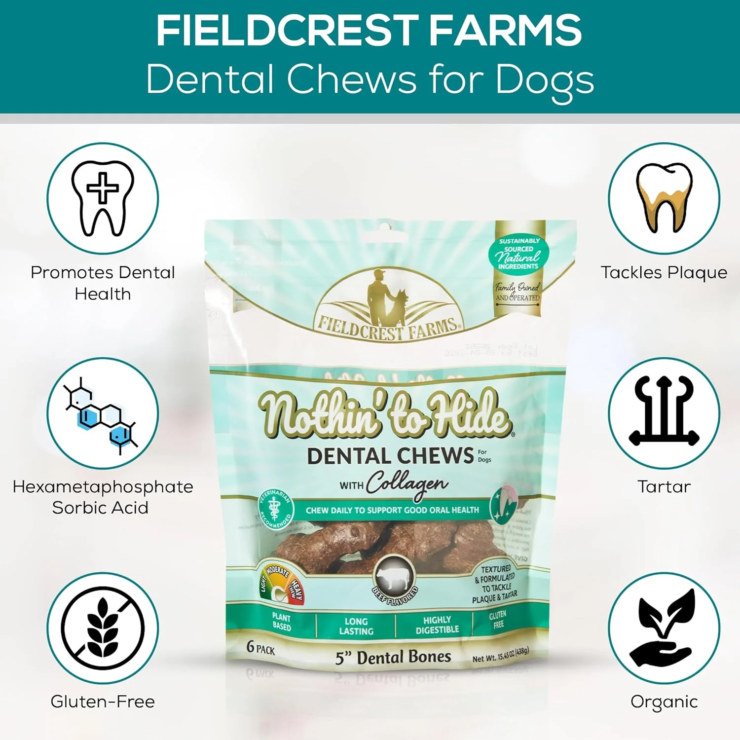 Fieldcrest Dental Chews for Dogs, Bone – Tackles Plaque, Tartar, Promotes Dental Health – w/Collagen, Organic, Gluten-Free - Image 6