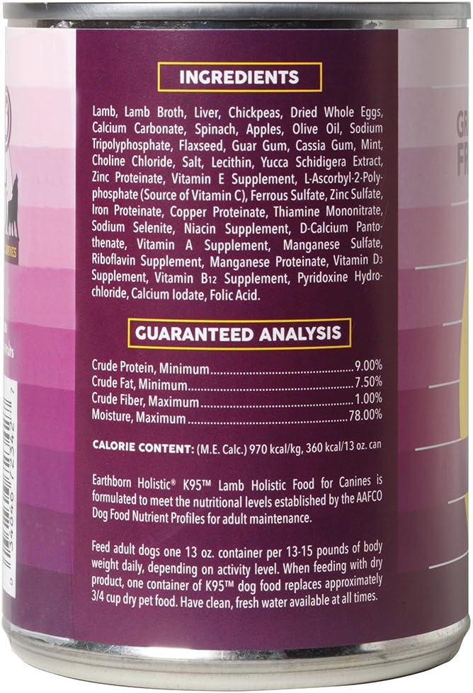 Earthborn Holistic K95 Lamb Recipe Grain-Free Canned Moist Dog Food 12 / 13 oz Can - Image 8