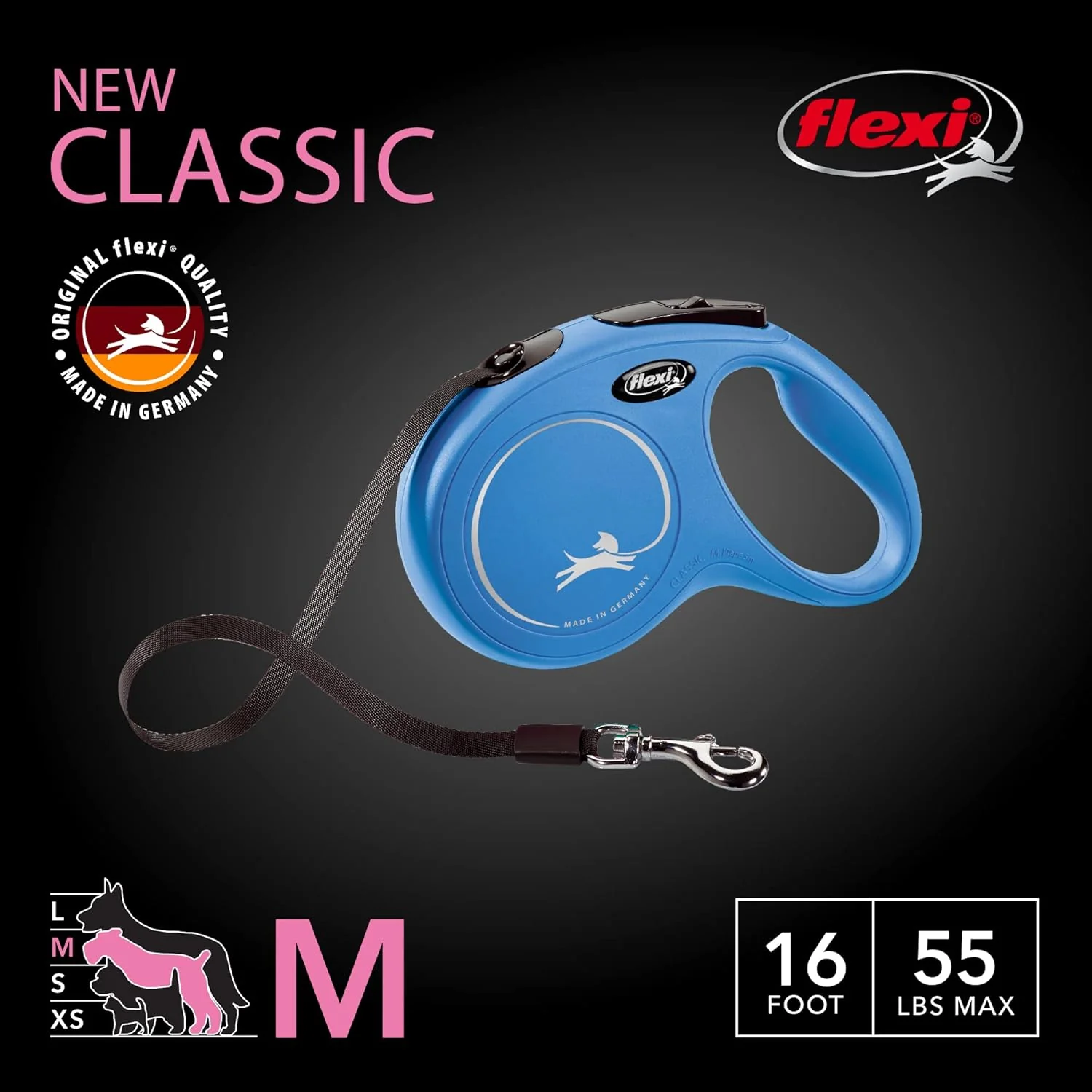 FLEXI New Classic Tape Retractable Dog Leash for Medium Dogs Upto 55 lbs. – 16 ft., Blue | Tangle Free Pet Walking Leash with One-Handed Brake, Pause, Lock|German Quality Product - Image 2