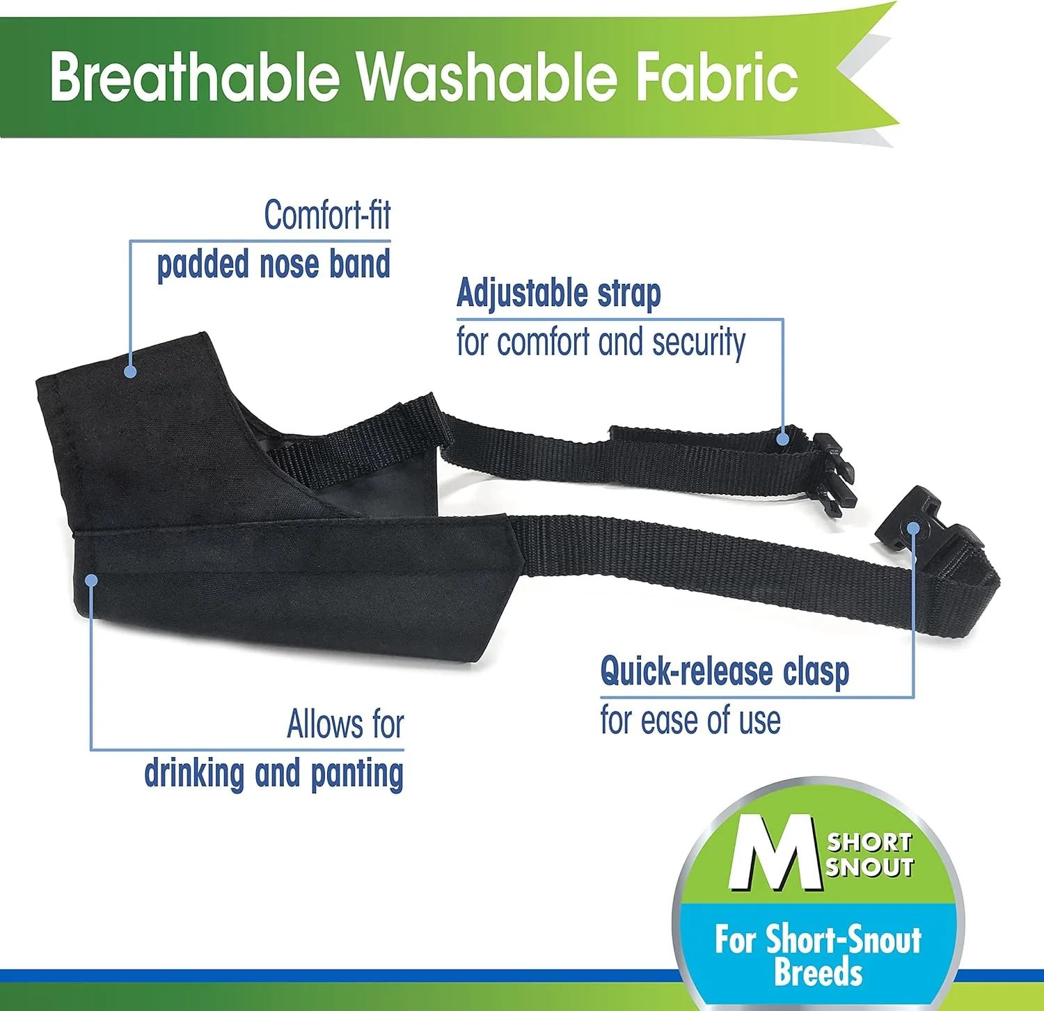 Four Paws Walk-About Quick-Fit Short Snout Adjustable Dog Muzzle for Medium Dogs, Washable & Breathable, Black - Image 2