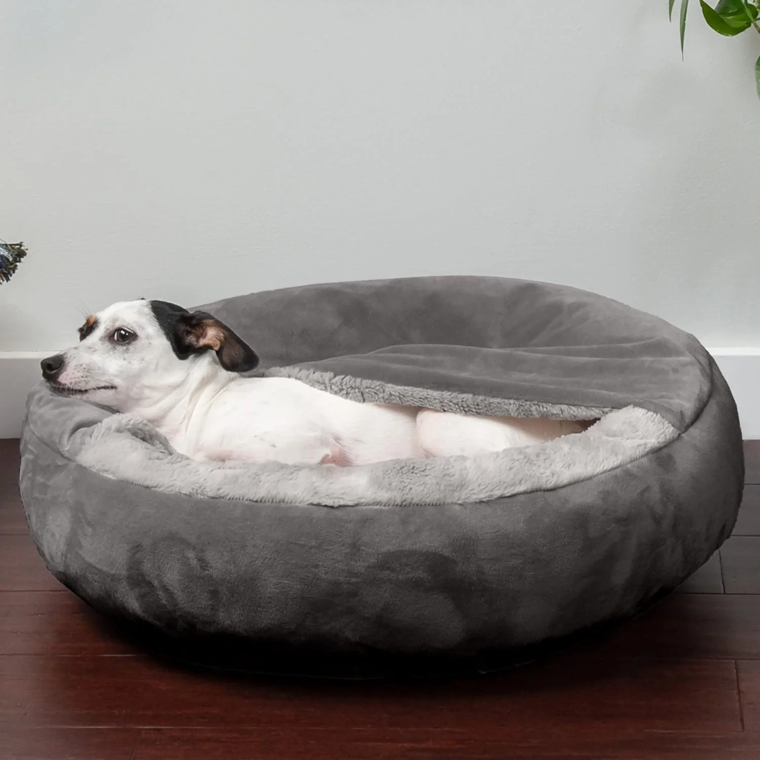 Furhaven 24" Round Calming Donut Dog Bed for Indoor Cats & Small Dogs, Washable, For Dogs Up to 20 lbs - Plush Velvet Waves Hooded Donut Bed - Image 3