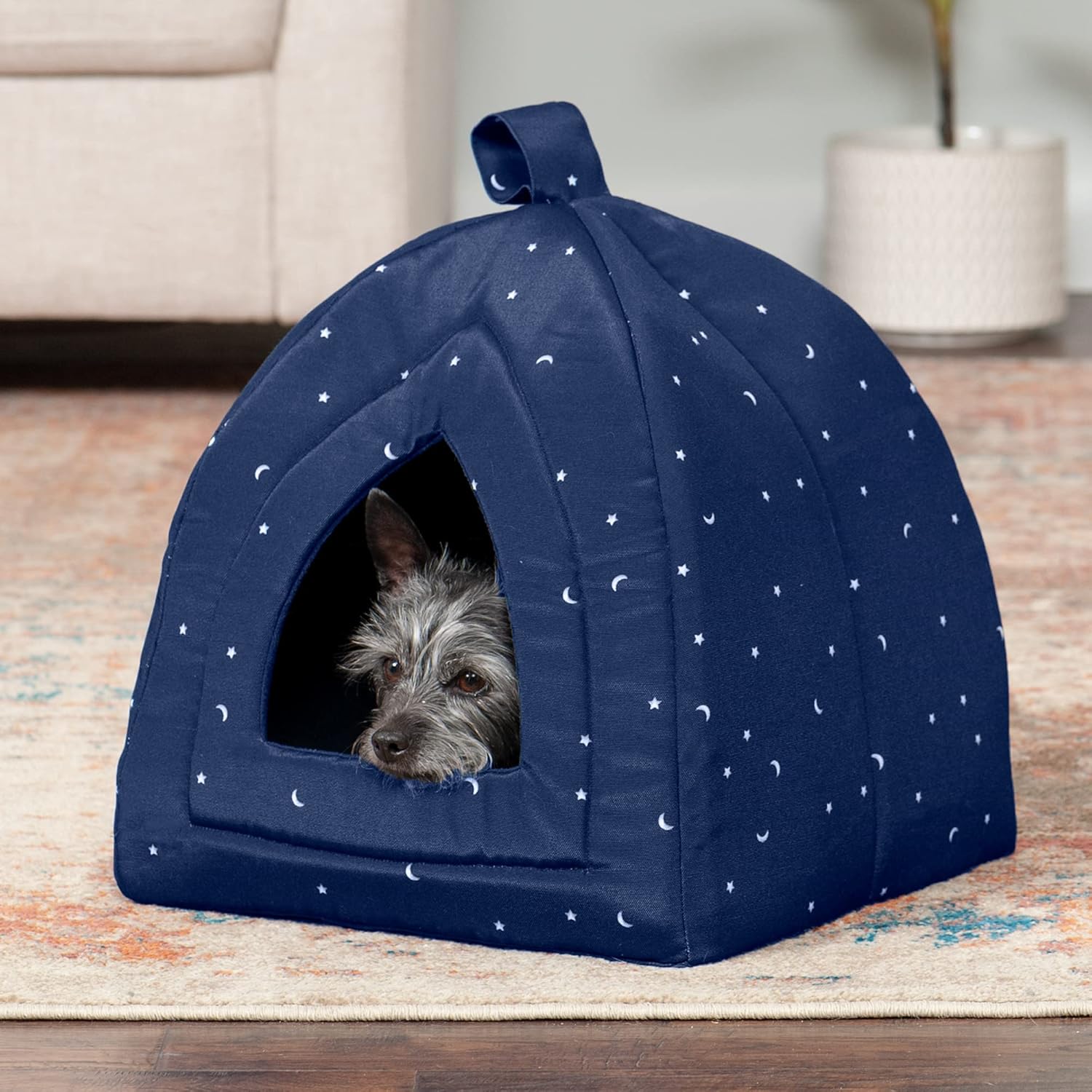 Furhaven Cat Bed Cave for Indoor Cats & Small Dogs, Washable & Foldable w/ Removable Cushion - Polycanvas Print Pet Tent - Night Sky, Small - Image 3