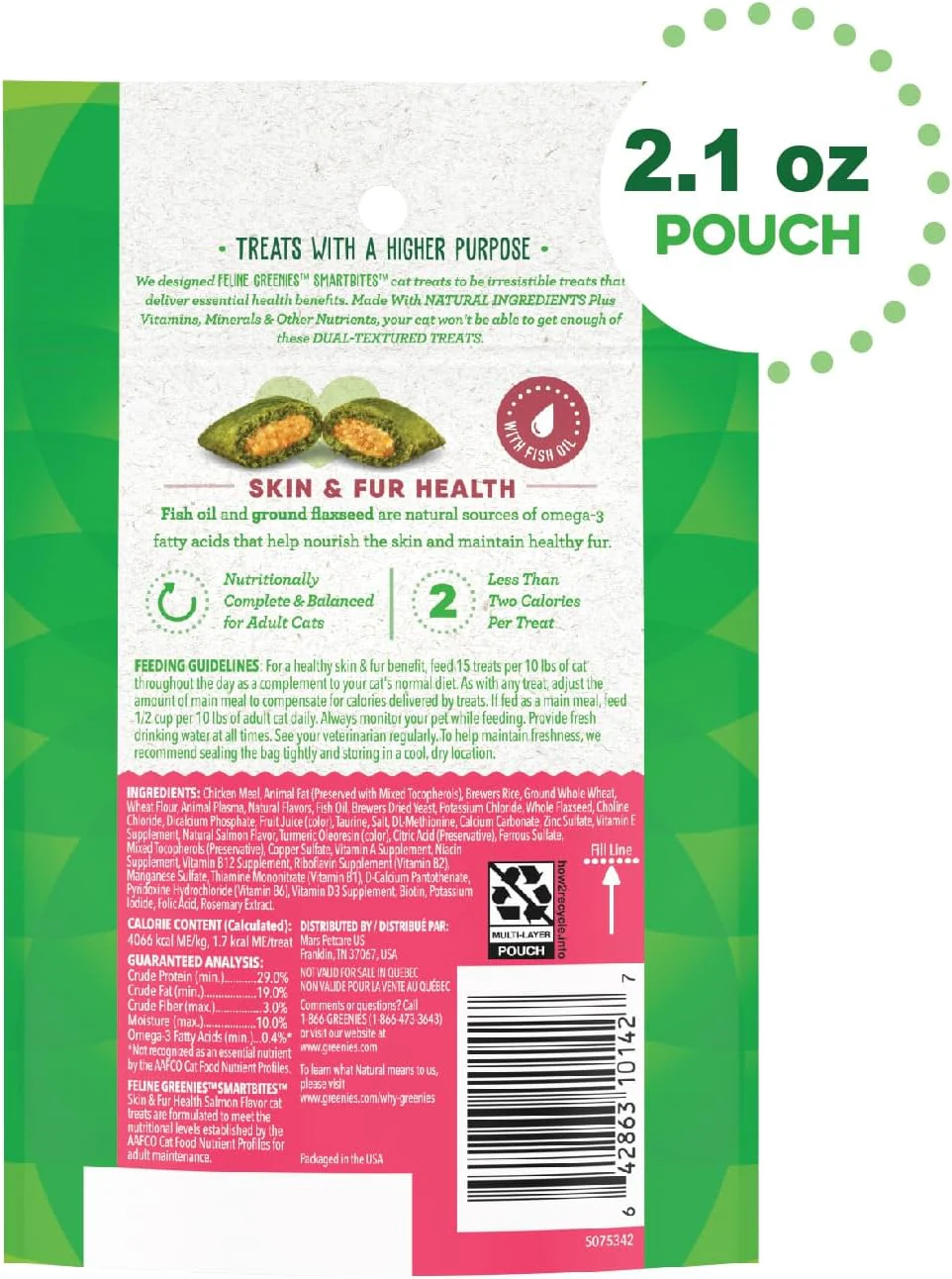 Greenies Feline Smartbites Skin & Fur Crunchy and Soft Natural Cat Treats, Salmon Flavor - Image 2
