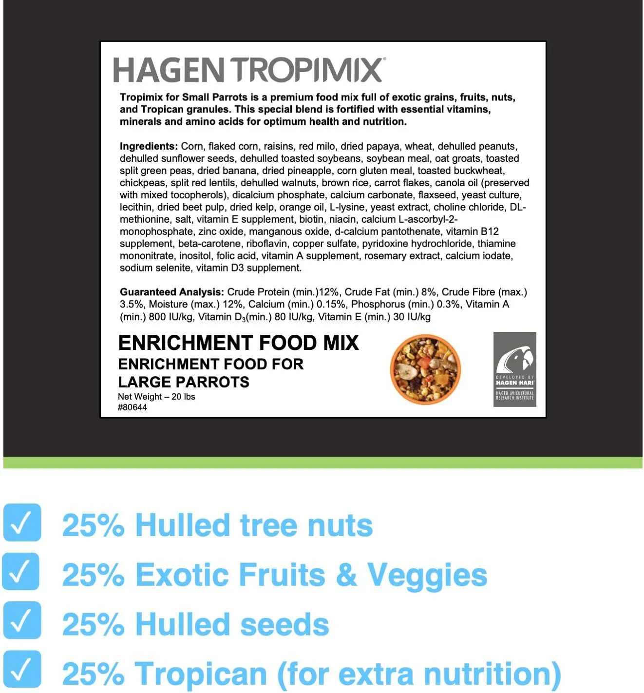 Hagen Tropimix Enrichment Food for Small Parrots, 20 lb. (9.07 kg) - HARI Small Parrot Food with Seeds, Fruit, Nuts, Vegetables, Grains, and Legumes - Image 2