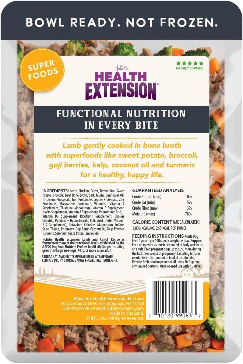 Health Extension Gently Cooked Fresh Lamb & Carrot Dog Food, (9 oz, 255 g) – Bowl Ready with Bone Broth, Omega-3s & Superfoods for All Life Stages (Case of 10 Pouches) - Image 2