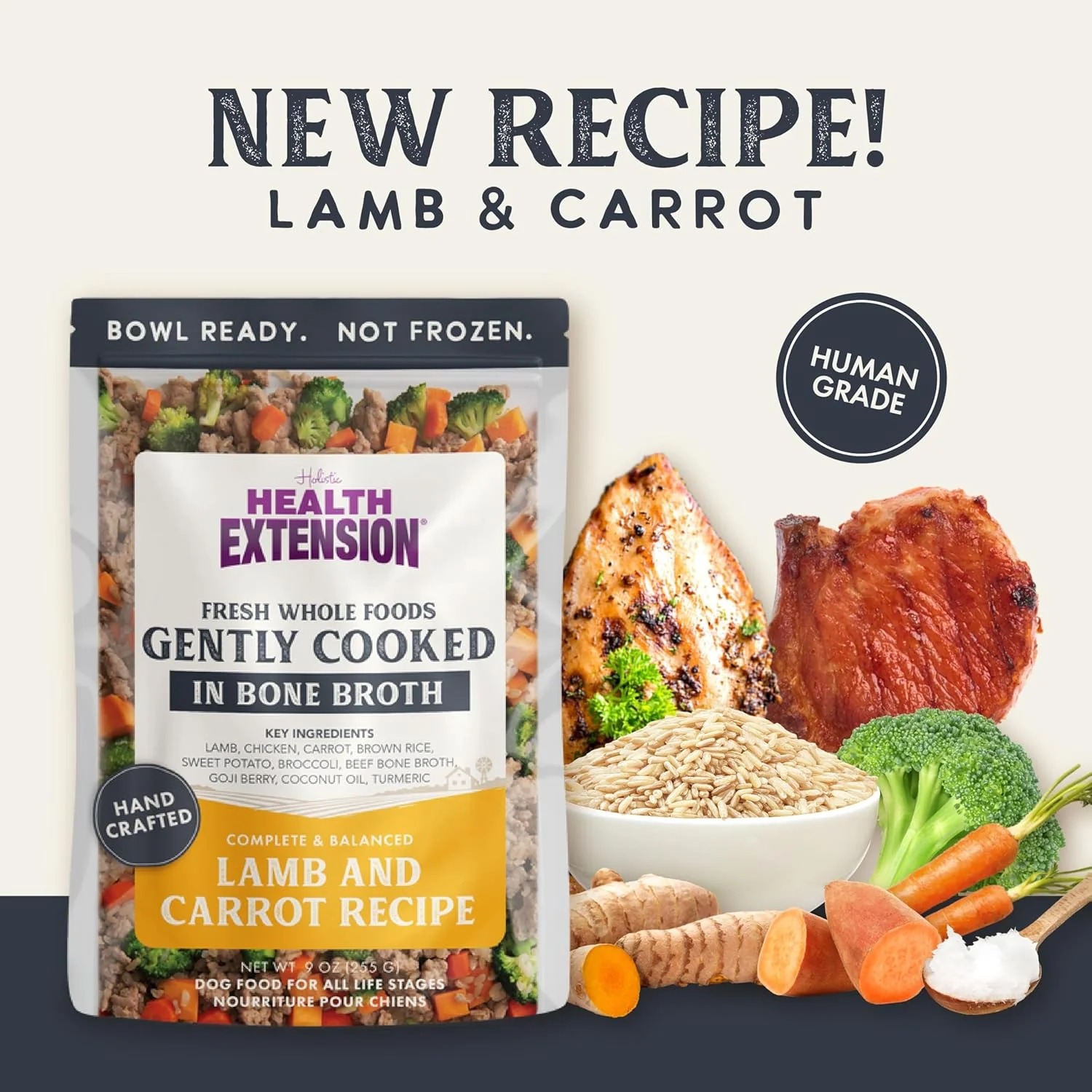 Health Extension Gently Cooked Fresh Lamb & Carrot Dog Food, (9 oz, 255 g) – Bowl Ready with Bone Broth, Omega-3s & Superfoods for All Life Stages (Case of 10 Pouches) - Image 3
