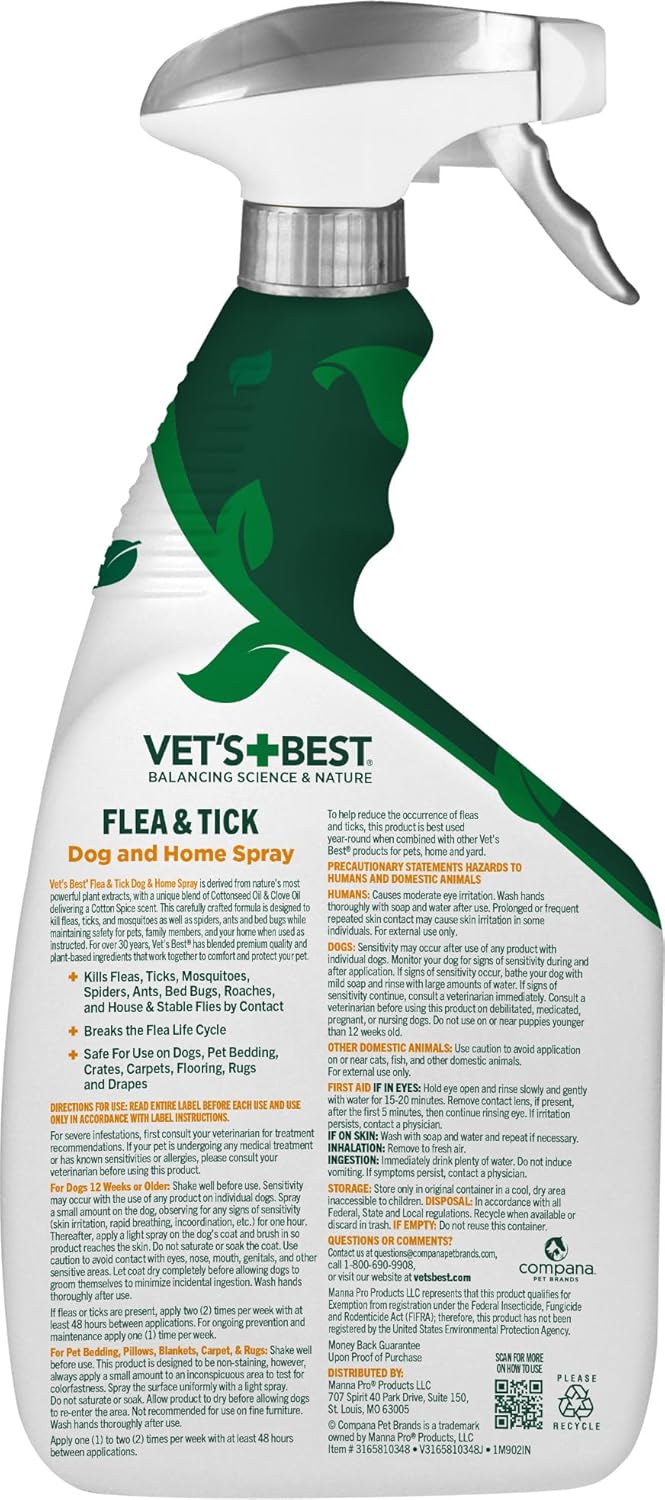 HERO PET Vet's Best Natural Indoor Flea and Tick Spray – Dog Flea and Tick Treatment for Home, Plant-Based Formula with Natural Oils, Kills Fleas, Eggs & Ticks on Contact, Made in USA, Cotton Spice, 32 oz - Image 8
