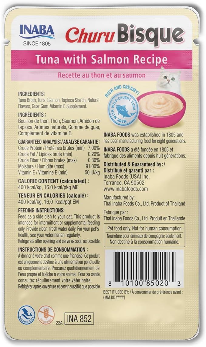 INABA Churu Bisque for Cats, Creamy Lickable Purée Side Dish with Vitamin E, Tuna with Salmon Recipe - Image 2