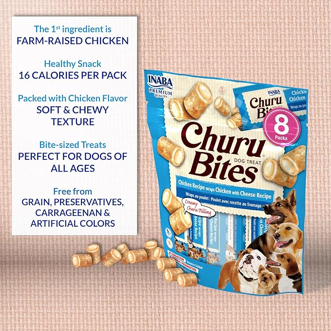 INABA Churu Bites for Dogs, Grain-Free, Soft/Chewy Baked Chicken Wrapped Churu Filled Dog Treats, 0.42 Ounces Each Tube | 48 Tubes Total (8 Tubes per Pack), Chicken with Salmon Recipe - Image 7