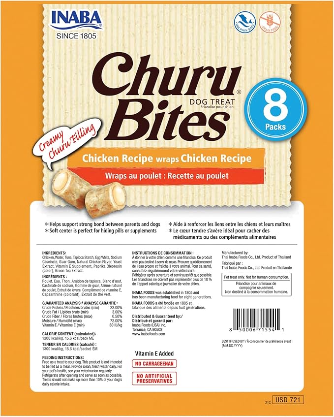 INABA Churu Bites for Dogs, Soft & Chewy Baked Chicken Wrapped Filled Dog Treats, 0.42 Ounces Each Tube, 48 Tubes Total (8 Tubes per Pack), Chicken Recipe - Image 2