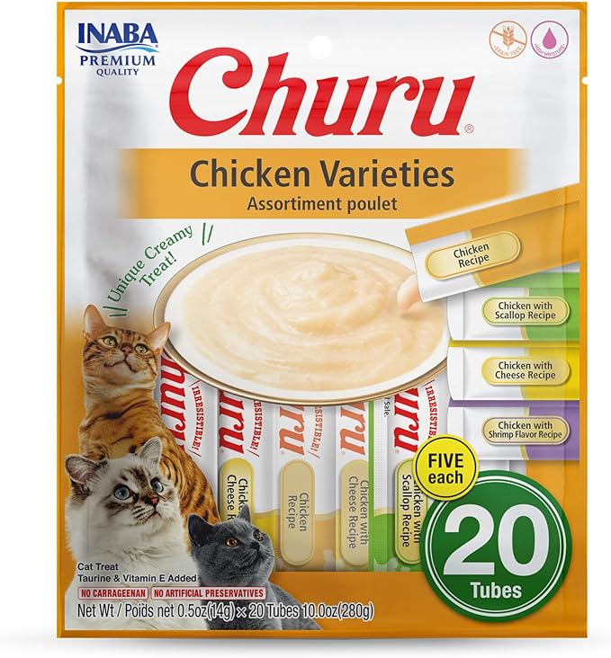 INABA Churu Cat Treats, Grain-Free, Lickable, Squeezable Creamy Purée Cat Treat/Topper with Vitamin E & Taurine, 0.5 Ounces Each Tube, Total/Two Flavors, Chicken Variety - Image 11
