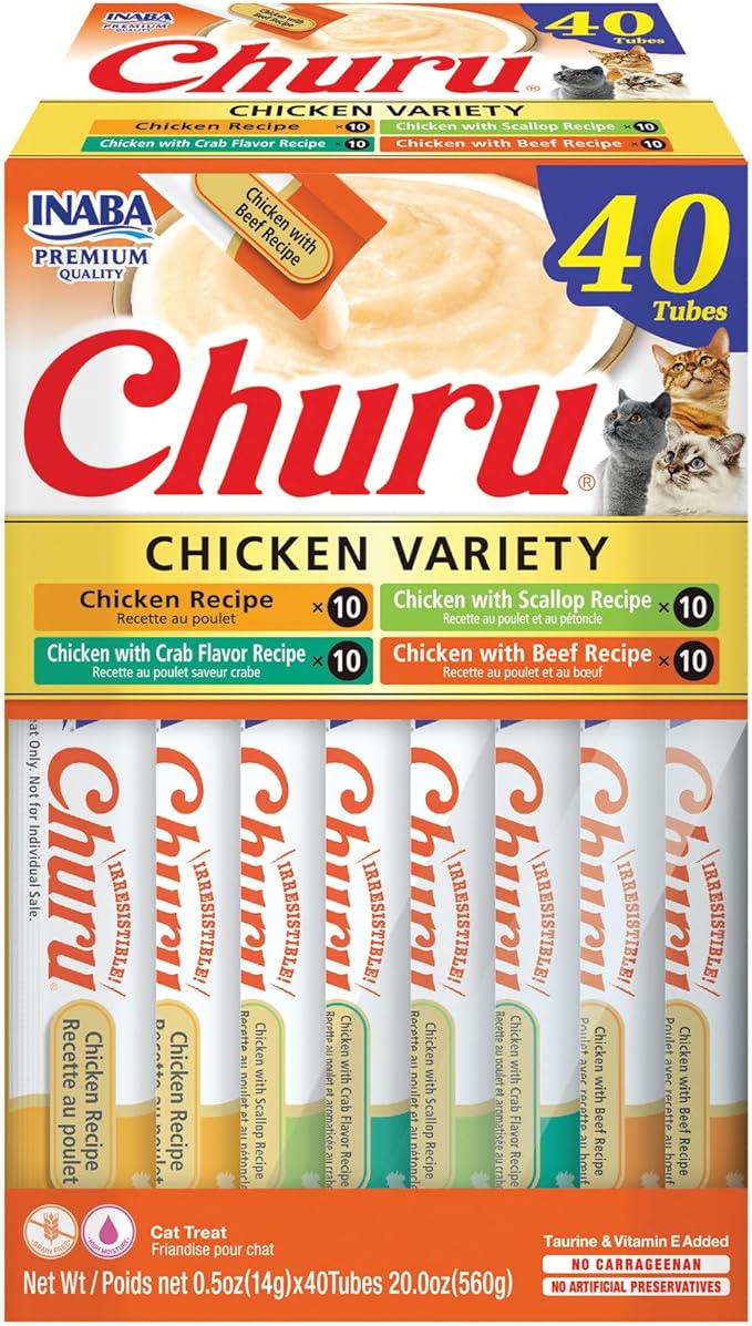 INABA Churu Cat Treats, Grain-Free, Lickable, Squeezable Creamy Purée Cat Treat/Topper with Vitamin E & Taurine, 0.5 Ounces Each Tube, Total/Two Flavors, Chicken Variety - Image 12