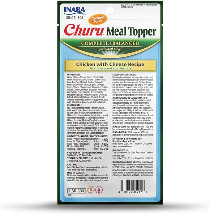 INABA Churu Meal Topper for Dogs, Complete & Balance, Creamy, Lickable Purée Dog Food Topper, 0.5 Ounce Tube, 24 Tubes (4 per Pack), Chicken with Cheese Recipe - Image 2