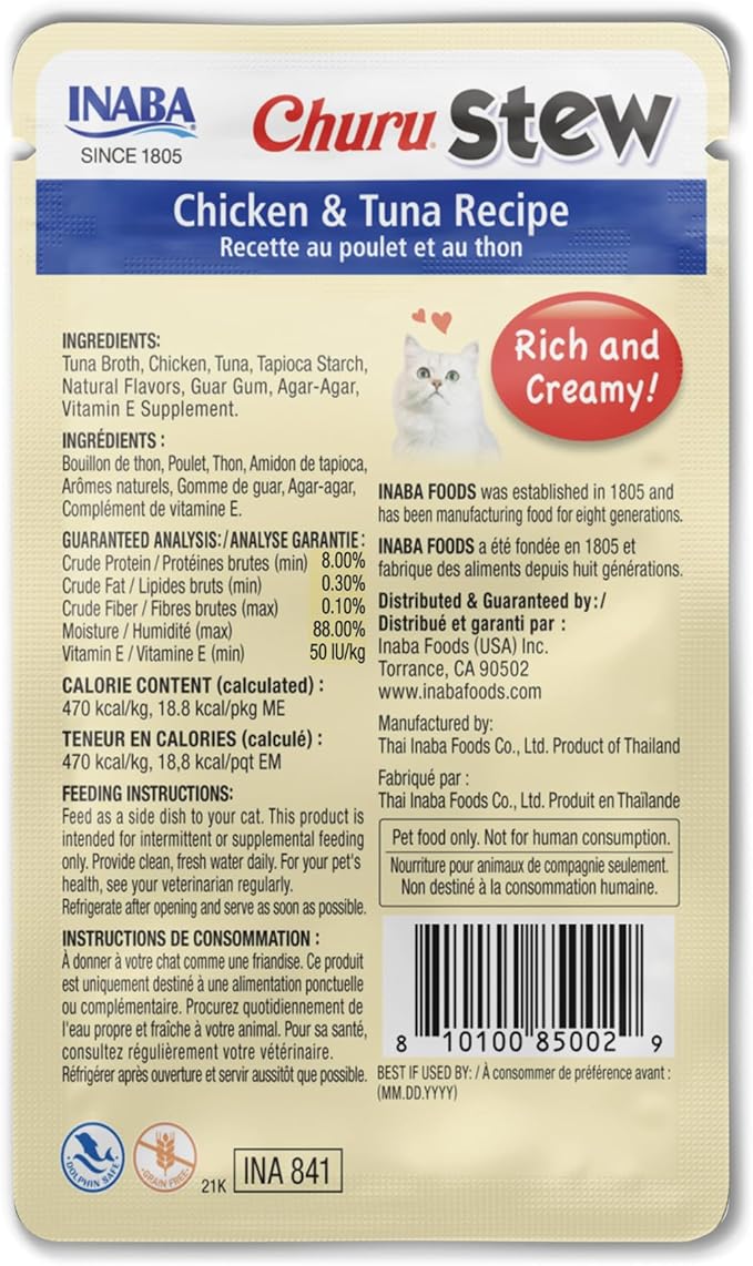 INABA Churu Stew for Cats, Broth Gelée with Shredded Chicken Side Dish Pouch with Vitamin E, 1.4 Ounces per Pouch, 12 Pouches, Chicken & Tuna Recipe - Image 2