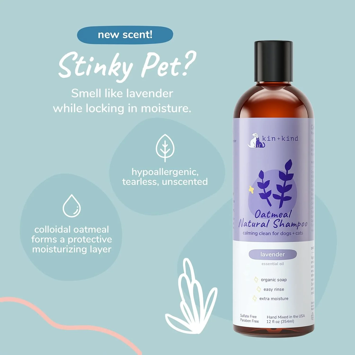 kin+kind Oatmeal Shampoo Lavender for Dogs & Cats Natural Dog Shampoo for Itchy & Sensitive Skin with Colloidal Oatmeal, Olive Oil & Coconut Oil Moisturizing & Safe Pet Shampoo Made in USA - Image 3