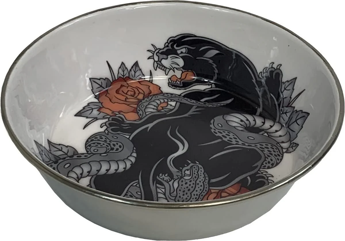 Komodo Panther Design Enamel Coated Stainless Steel Reptile Bowl | Artistic Tattoo Pattern with Rubber Bottom, Small, 5.9 inches, Multi (48593240) - Image 4