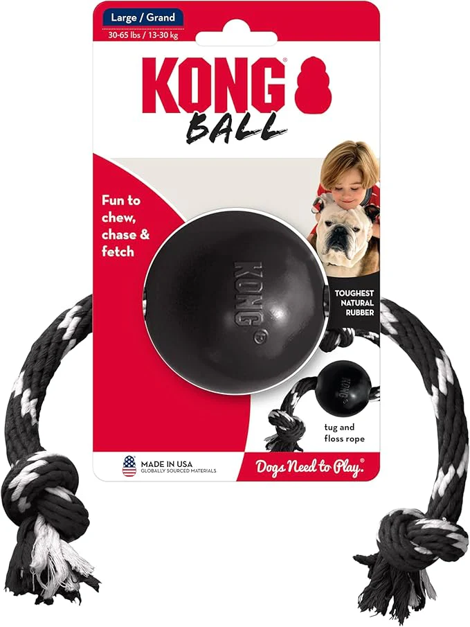 KONG Extreme Ball with Rope - Dog Fetch Toy with Rope for Easy Throwing - Durable Dog Ball Toy for Tug, Playtime & More s Most Durable Natural Rubber - Black - Image 2