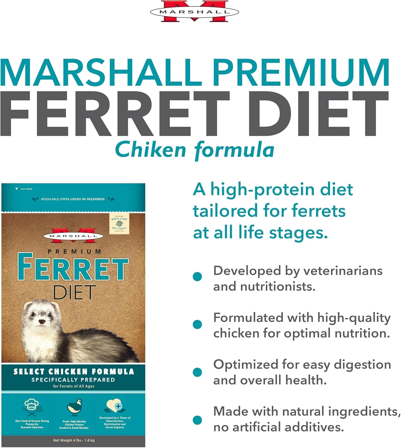 Marshall Pet Products Select Chicken Formula Premium Ferret Diet, 4 lbs – Protein-Rich Food for Balanced Nutrition, Digestive Support - Image 3