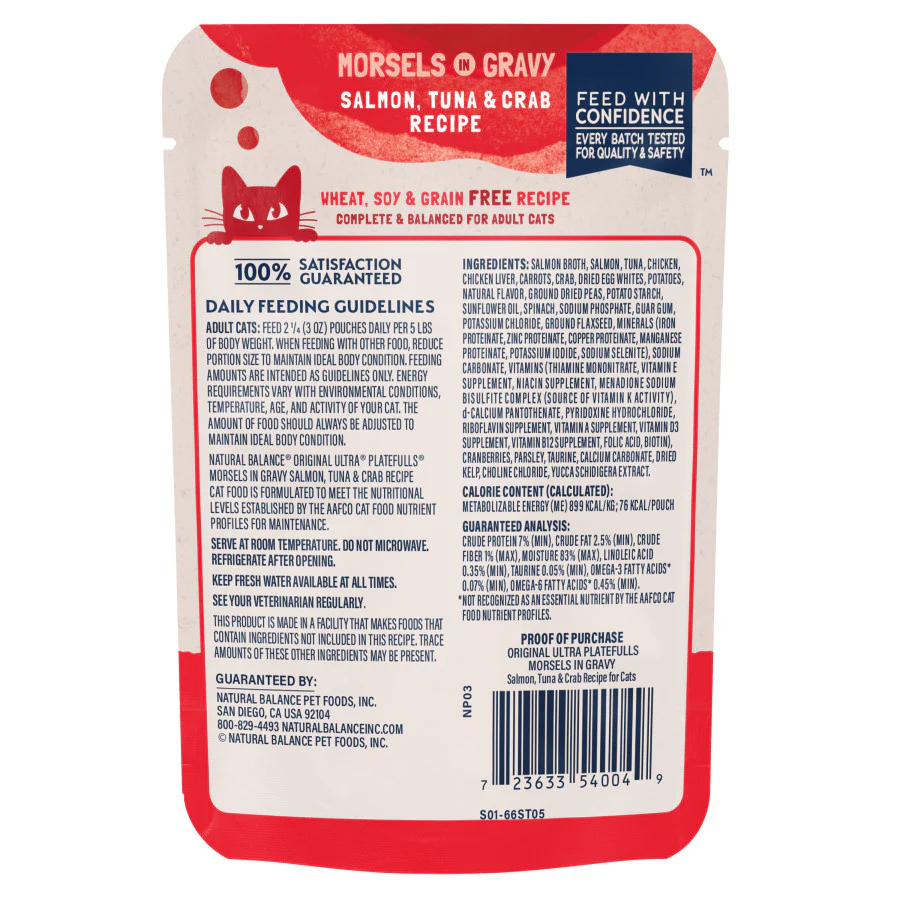 Natural Balance Original Ultra Platefulls Adult Grain-Free Wet Cat Food, Salmon, Tuna & Crab Recipe in Gravy, 3 Ounce Pouch (Pack of 24) - Image 4