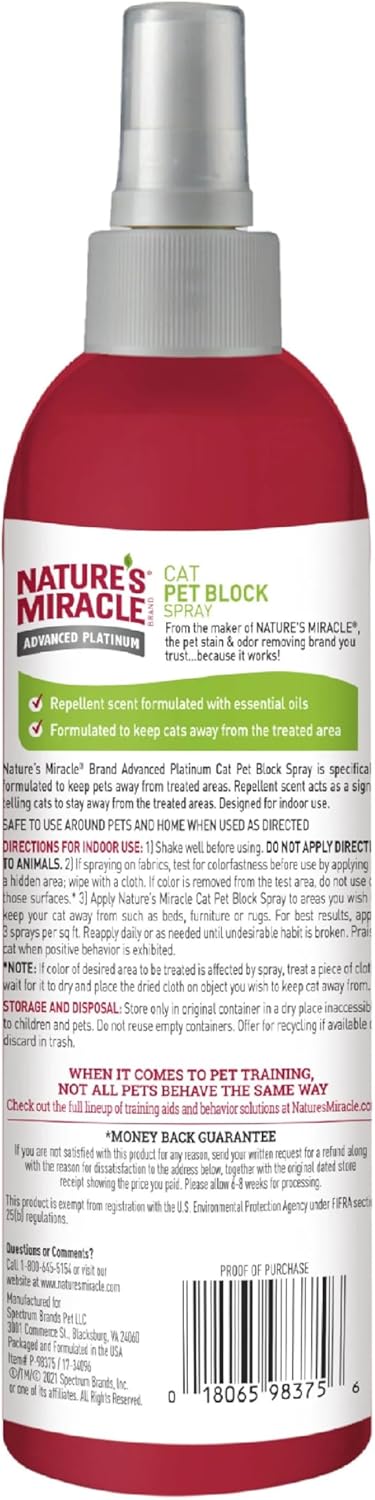 Nature's Miracle Advanced Platinum Cat Pet Block Repellent Spray, 8 Ounces, Indoor Training Aid for Cats - Image 2