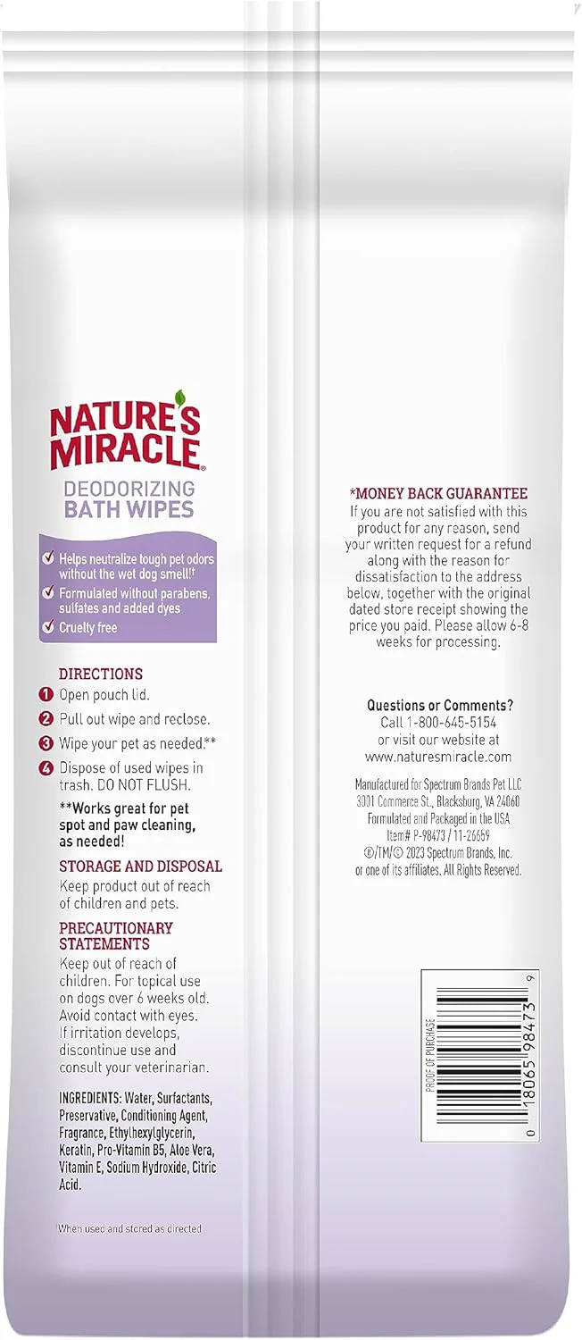 Nature's Miracle Deodorizing Bath Wipes for Dogs, 100 Count, Lavender Scent - Image 2