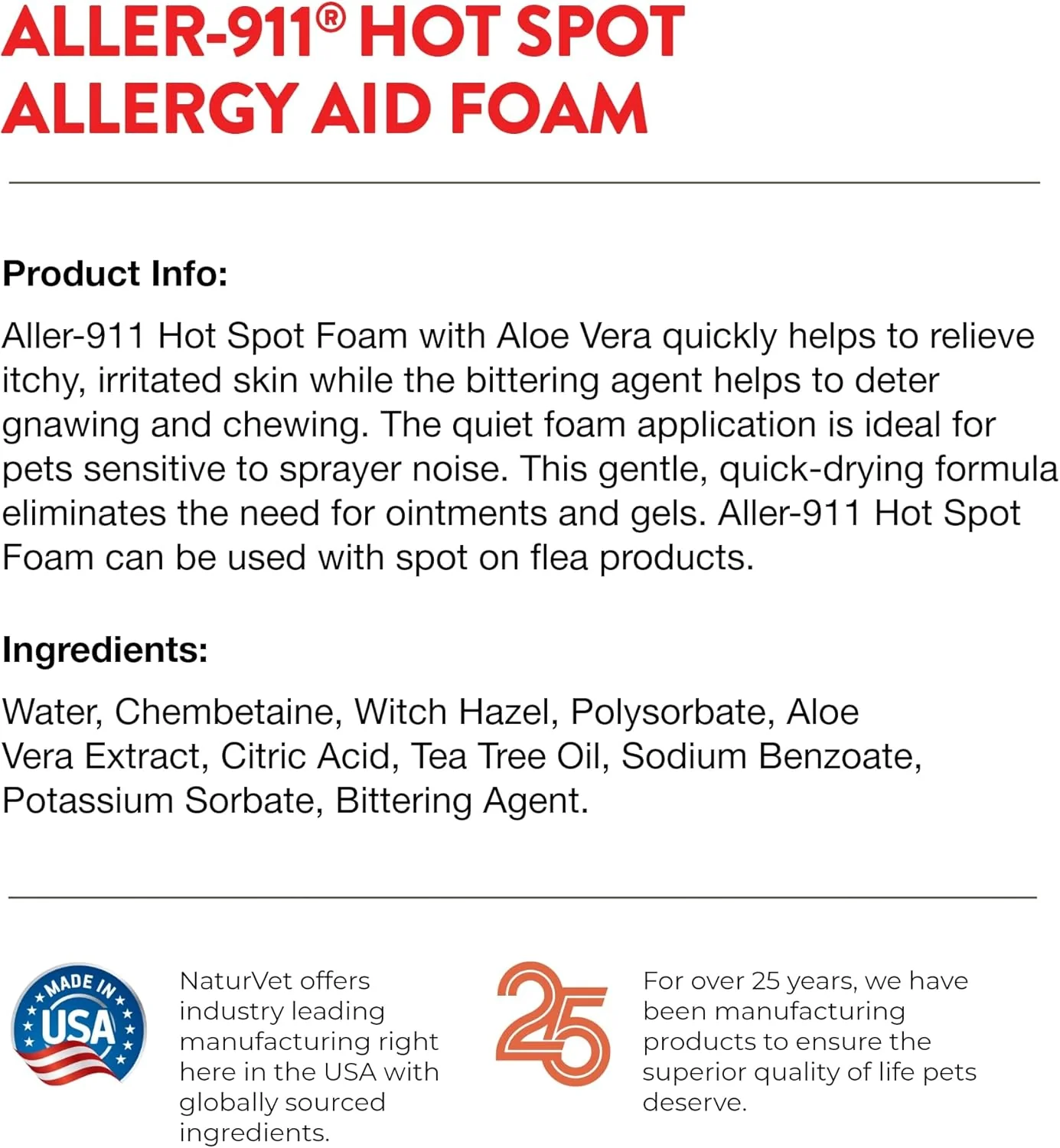 NaturVet Aller-911 Hot Spot Allergy Aid Foam Pet Supplement Plus Aloe Vera – Helps to Relieve Irritated, Itchy Skin for Cats, Dogs – Helps Deter Gnawing, Chewing – Quick Drying – 8 Oz. - Image 4