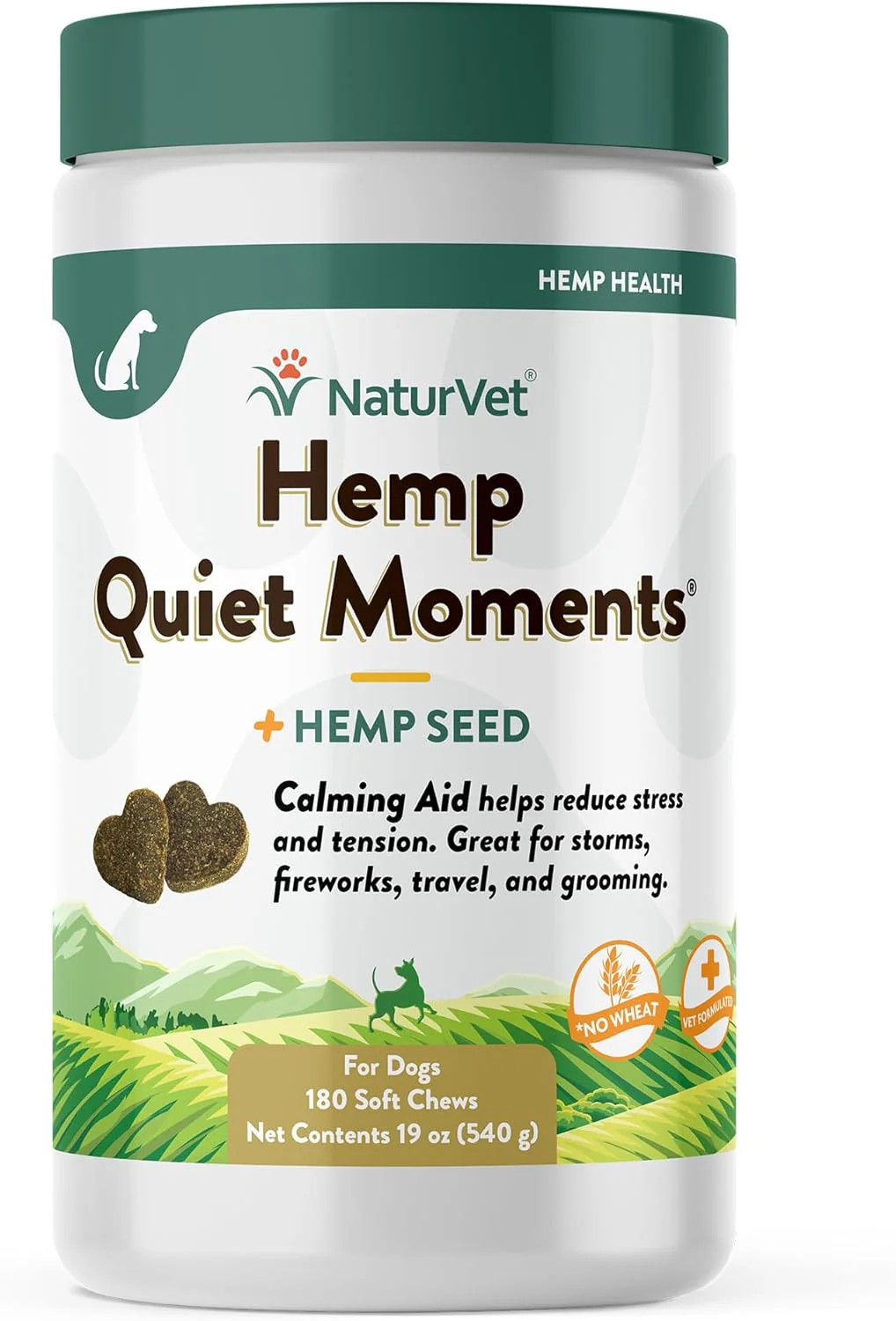 NaturVet Quiet Moments Calming Aid Dog Supplement, Helps Promote Relaxation, Reduce Stress, Storm Anxiety, Motion Sickness for Dogs (Quiet Moments Plus Hemp, 180 Soft Chews)