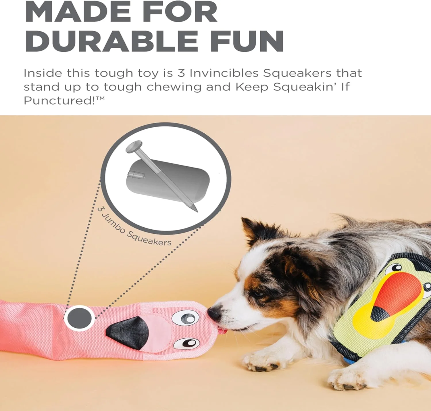 Outward Hound Fire Biterz Flamingo Plush Firehose Material Interactive Dog Toy, Large - Image 3
