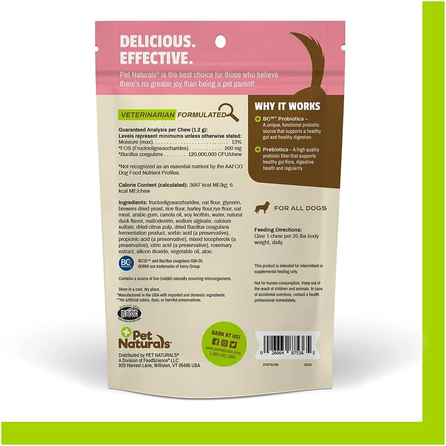 Pet Naturals Daily Probiotic for Dogs, 120M CFUs - Pre and Probiotics for Dogs Digestive Health, Gut Health, Immune Support, Diarrhea, Allergies and Itching - 60 Chews, Duck Flavor - Image 2