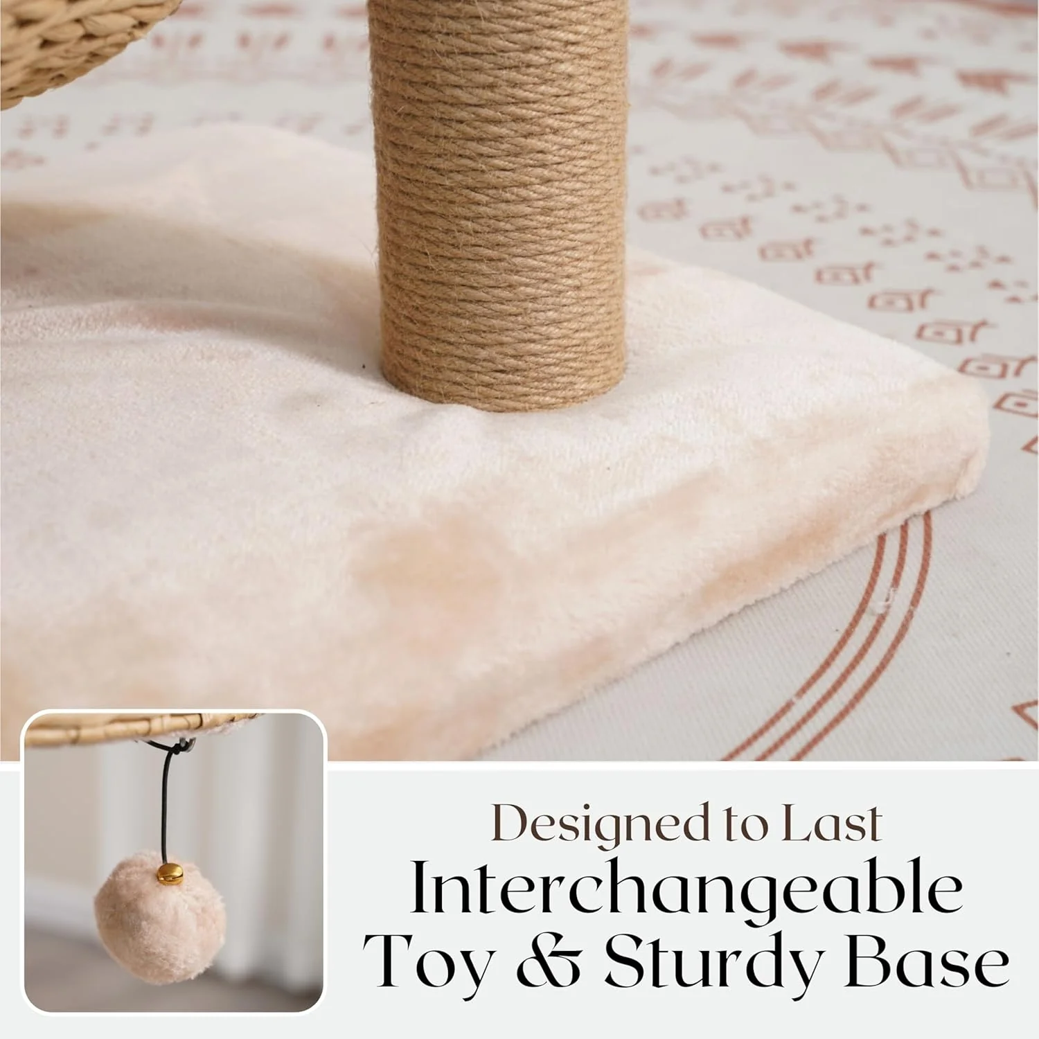 PetPals 3 Level Handwoven Paper Rope Cat Basket Bed and Perch with Scratching Post, Washable, Removeable Curshions, Playful Toy, for Indoor Cat, Light Brown - Image 6