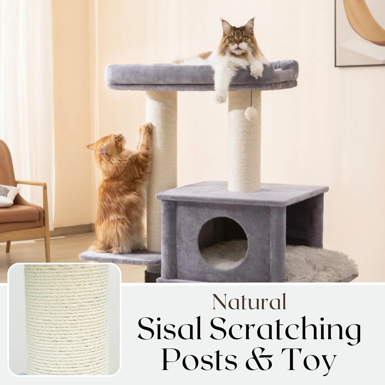 PetPals 57” Grand Maine Coon™ Cat Tree – Lulu, with Extra Large Condo, Removable Top Bed, Thick Sisal Scratching Posts, Full Body Grooming Brush (Gray) - Image 9