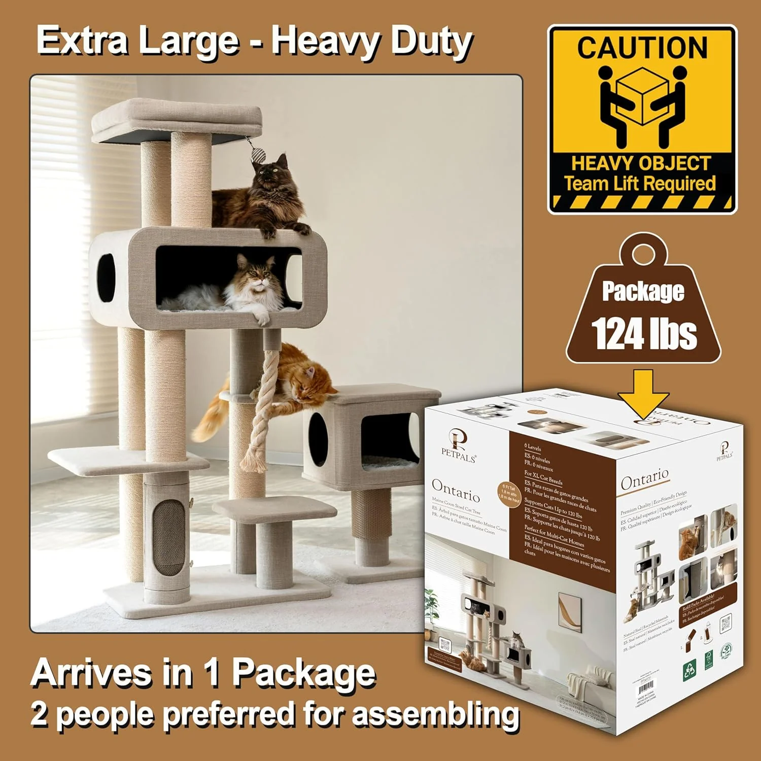 PetPals 71” Grand Maine Coon™ Cat Tree – Ontario, with 2 Large Condo, Replaceable Cardboard Scratcher, Washable Bed, Sustainable Sisal Posts, (Beige) - Image 4