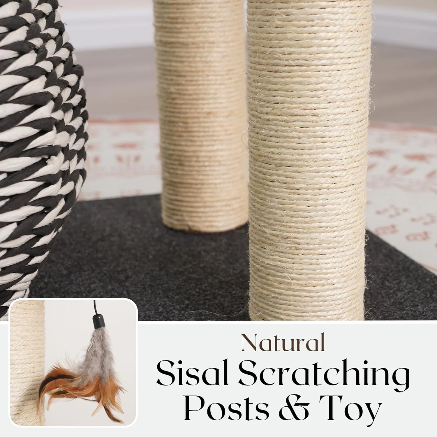 PetPals Ace 4-Level Multi-Activity Cat Tree with Felt Perches, Handwoven Recycled Paper Rope Condo, Sisal Scratching Posts, Feather Teaser Toy, Eco-Friendly & Stylish Cat Furniture, Black & White - Image 7