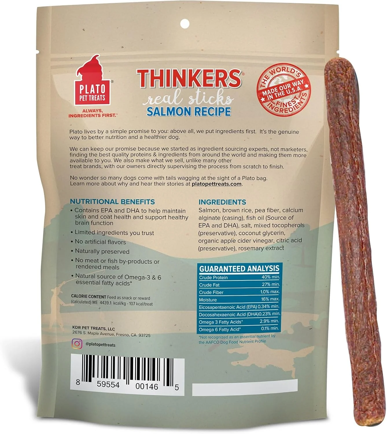 Plato Pet Treats Air Dried Dog Treats Salmon Thinkers Sticks, Natural Dog Treats, Real Meat, Air Dried, Made in the USA, 10oz - Image 2