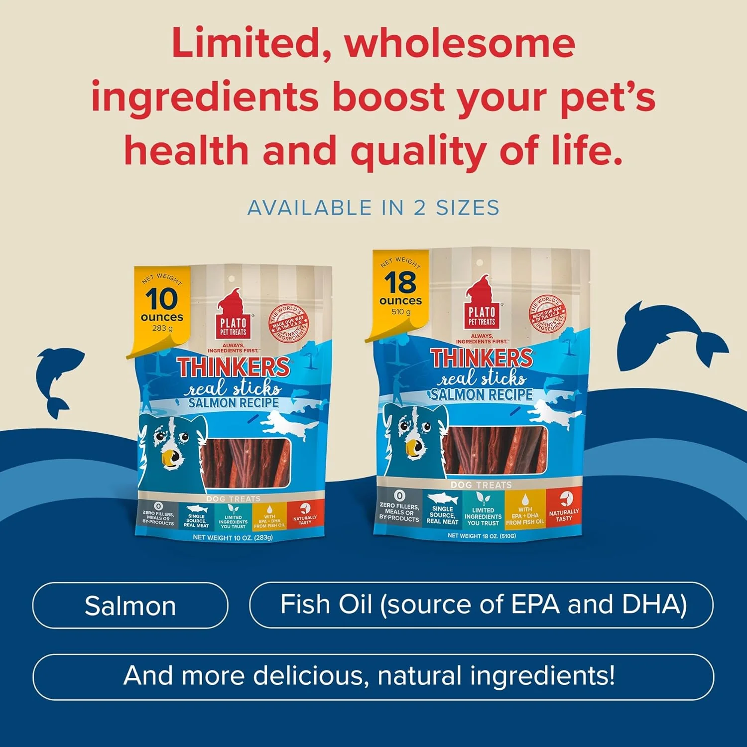 Plato Pet Treats Air Dried Dog Treats Salmon Thinkers Sticks, Natural Dog Treats, Real Meat, Air Dried, Made in the USA, 10oz - Image 4