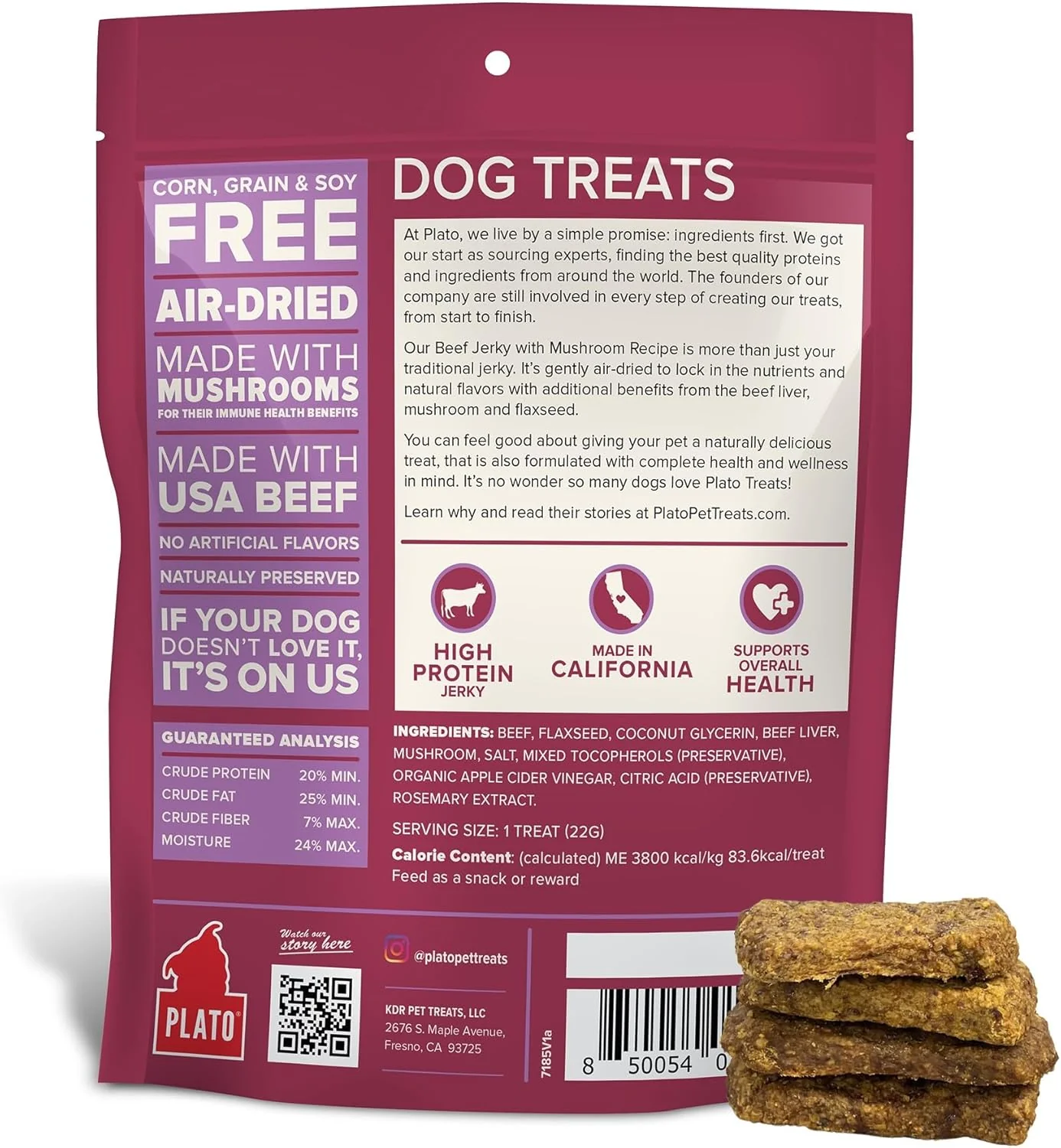PLATO Pet Treats Jerky Dog Treats - Air-Dried Beef Jerky with Mushroom - Grain Free, High Protein - Image 3