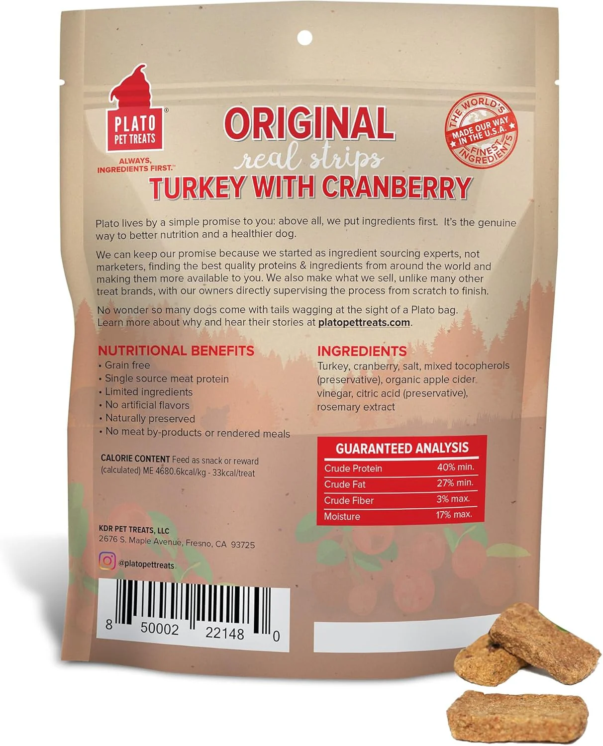 PLATO Turkey Real Strips Natural Dog Treats - Real Meat - Air Dried - Made in the USA - Turkey & Cranberry - Image 2